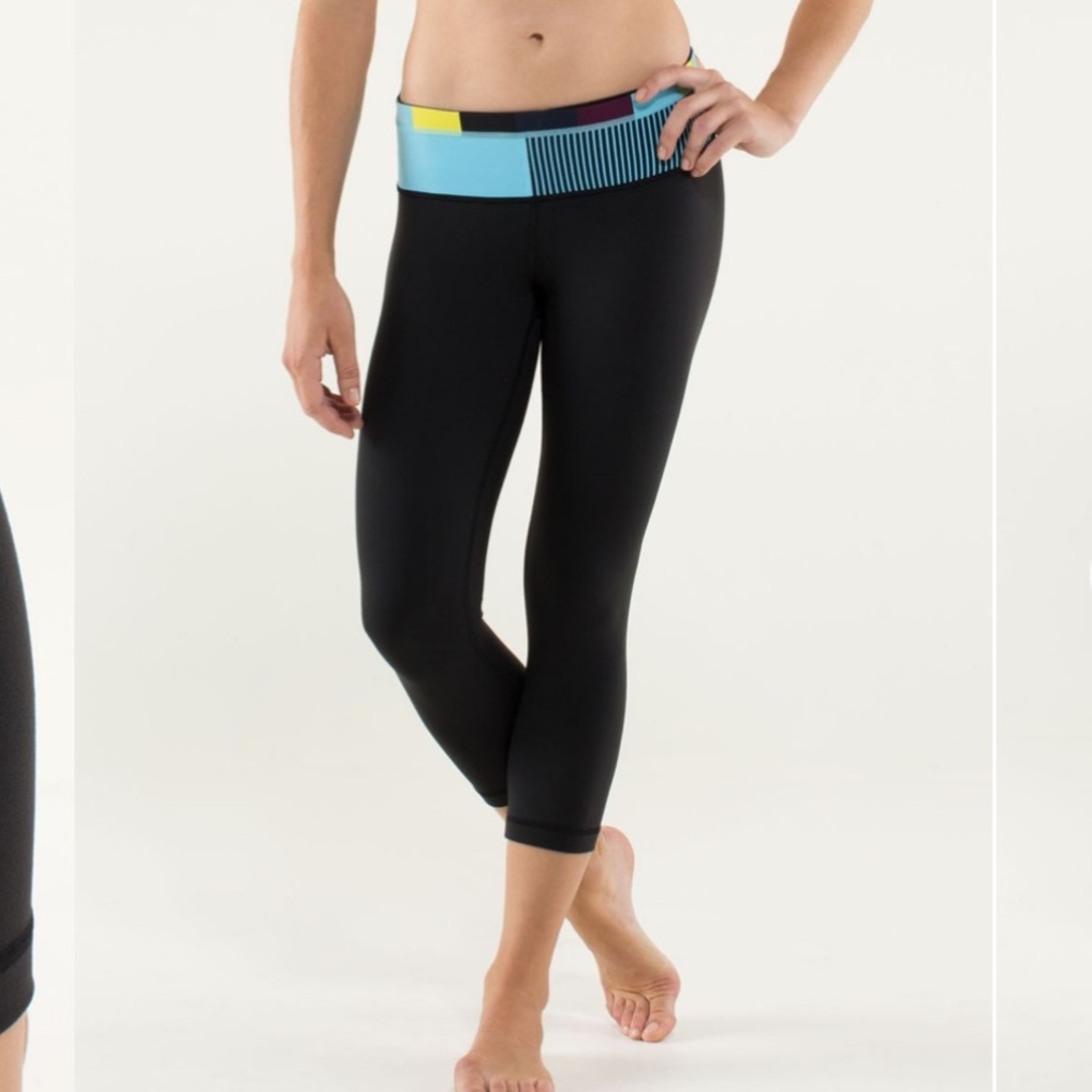 Lululemon Wunder Under Crop Black Luon Leggings Colorblock Waist